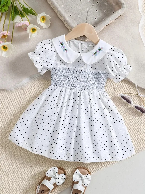 لباس دخترانه بچه گانه (سفید - خال خالی) ایدهآل برای مهمانی، جشن تولد و ...